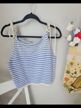 Blue & Cream Striped Knit Tie-Shoulder Tank Size S
